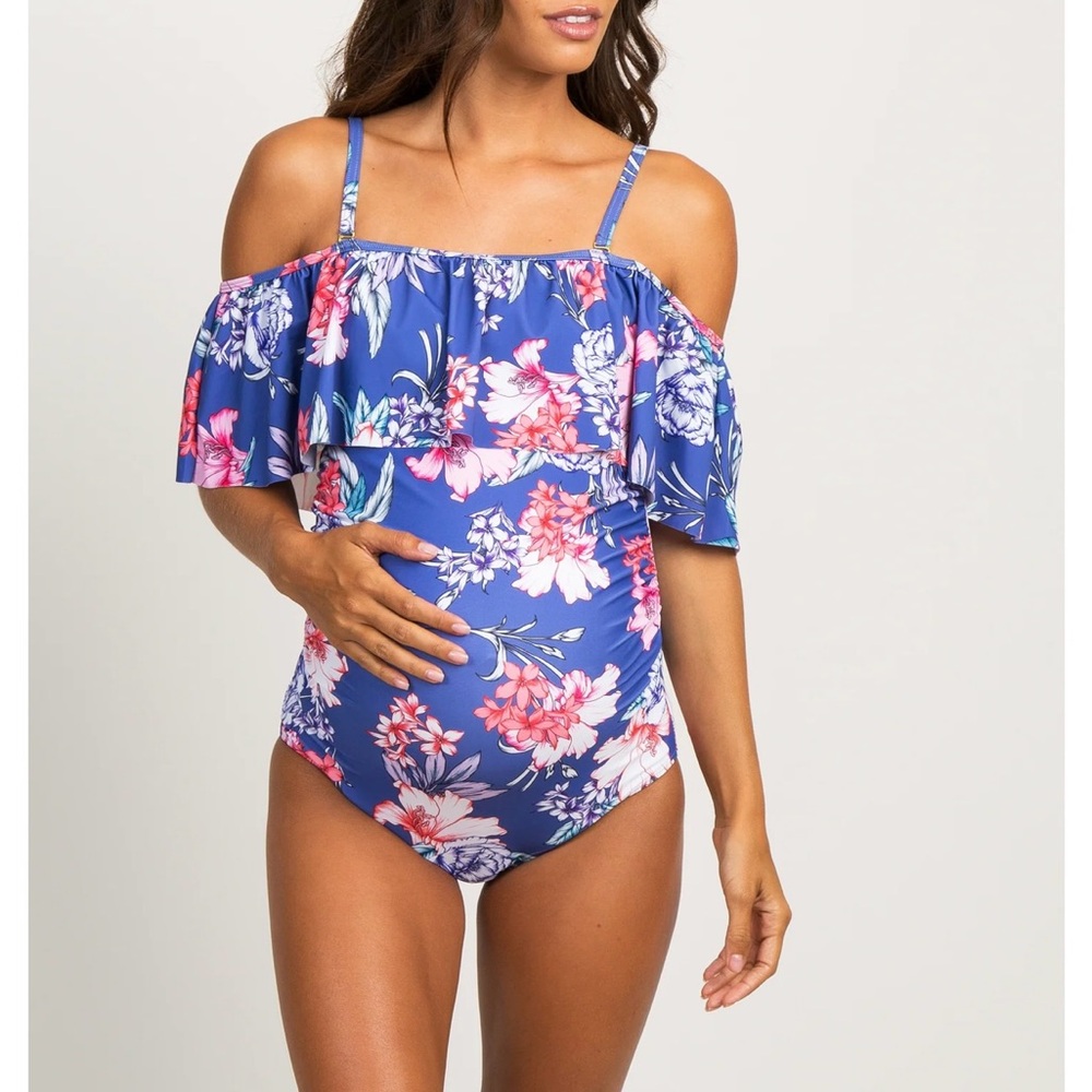Pinkblush Floral Ruffle Maternity Swimsuit - Blue and Pink